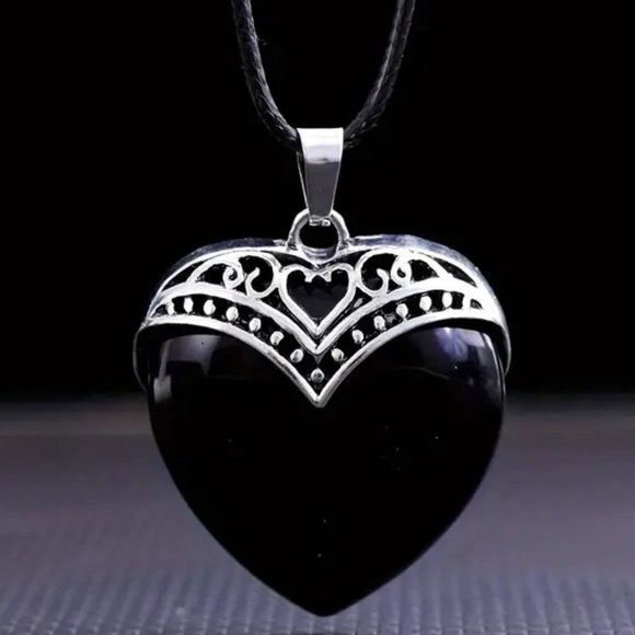 Jewelry - Black Obsidian Natural Gemstone Heart Pendant Necklace Healing Gemstone Pendant
